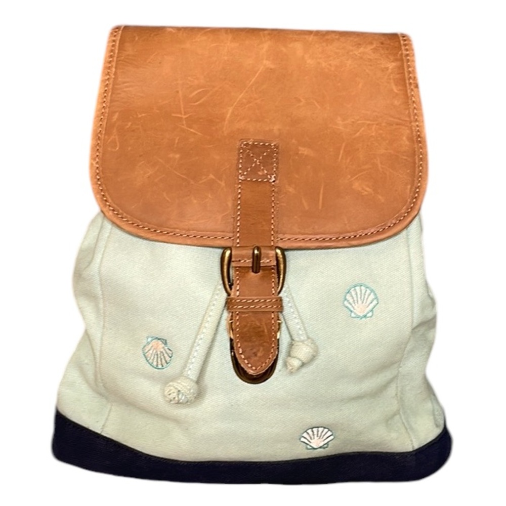 LL BEAN BOAT & TOTE BACKPACK SMALL CANVAS AND LEATHER w/ EMBROIDERED SEASHELLS